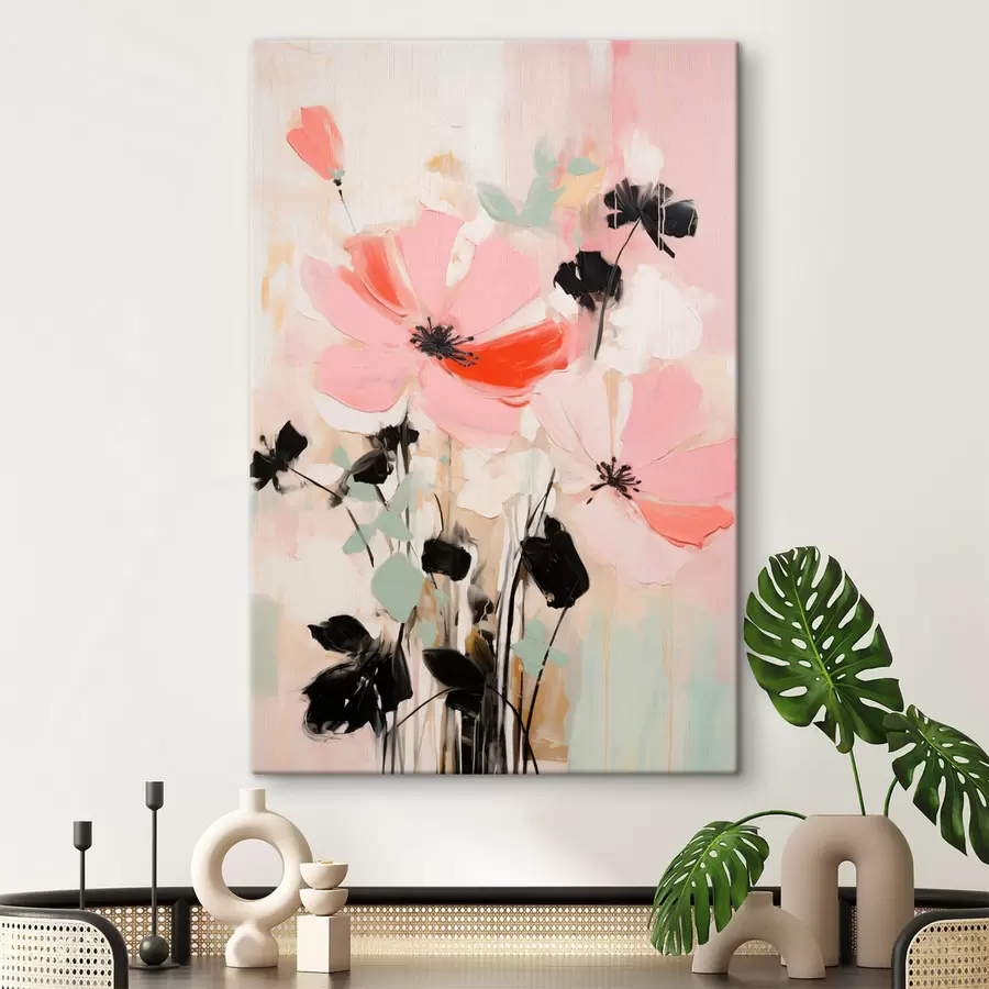 wall murals Pink and black flowers with leaves, soft pastel colors, abstract floral arrangement, minimalist art s46687