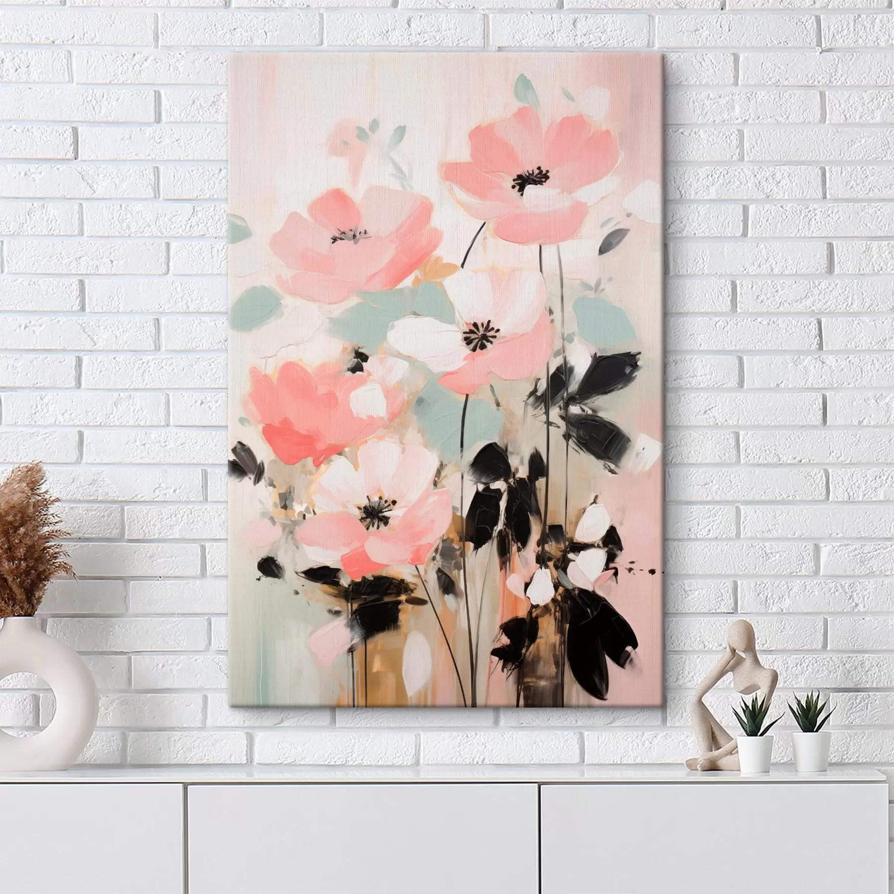 murales Flores rosas y negras con hojas, colores pastel suaves, arreglo floral abstracto, arte minimalista s46688