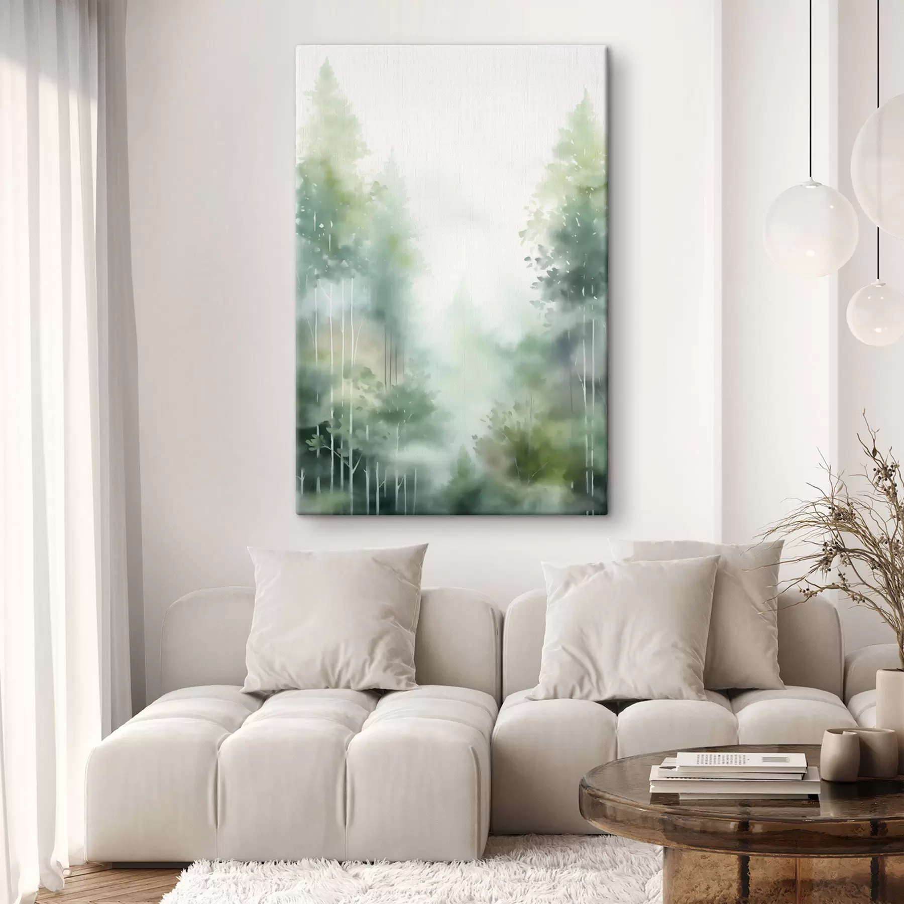 wall murals Watercolor painting imitation of abstract forest with tall trees and green foliage, soft muted colors s46689