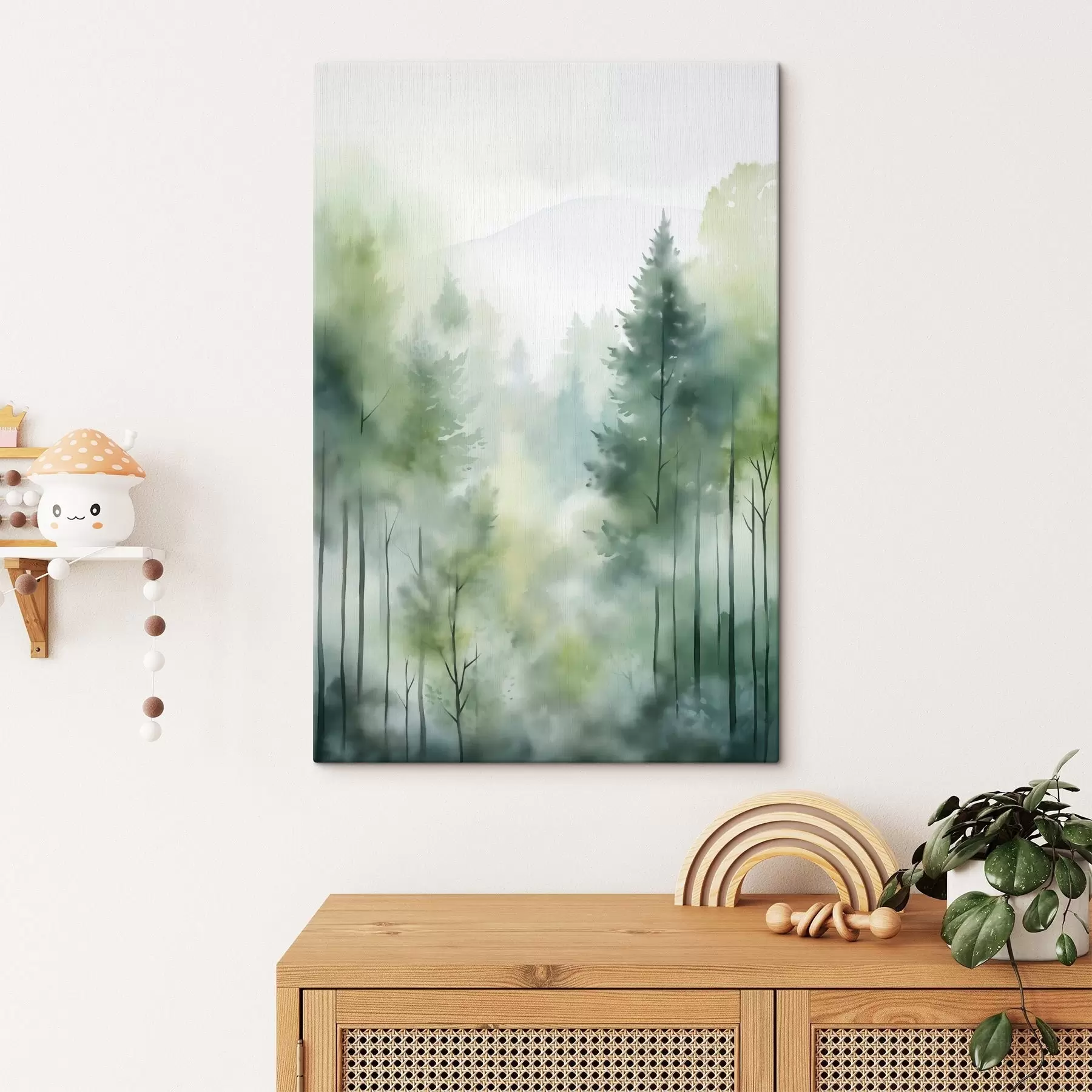 murales Imitación de pintura en acuarela de un bosque brumoso con altos pinos y montañas al fondo s46690