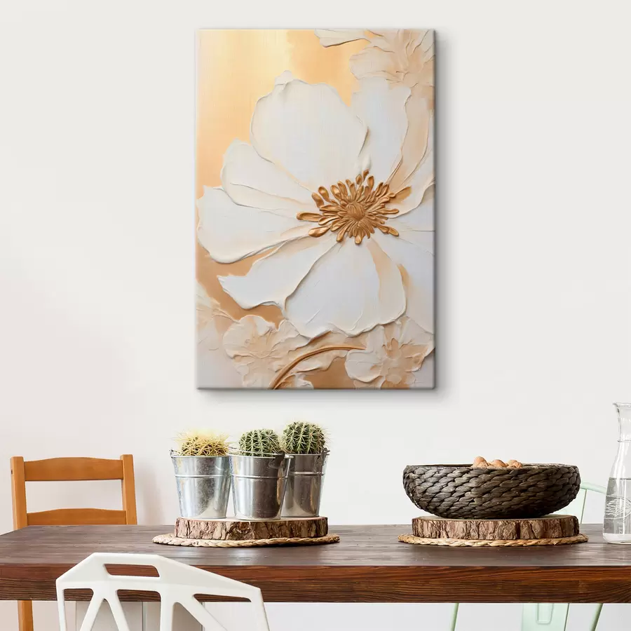 wall murals White flower with delicate petals with thick brushstrokes imitation, on a light orange textured background s46691