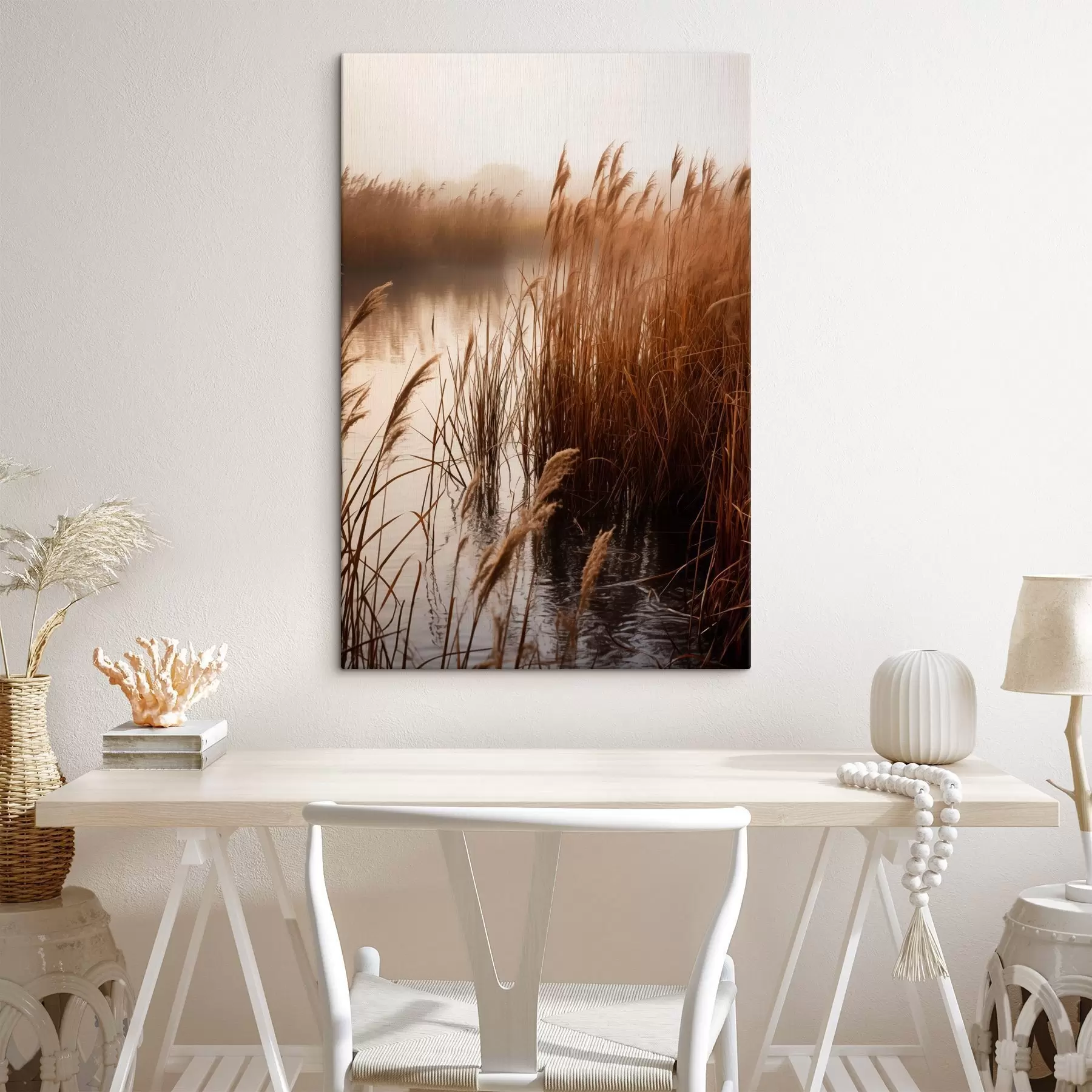 wall murals Tall reeds growing in a body of water, the water reflects the reeds, foggy background, soft light, nature scene s46695