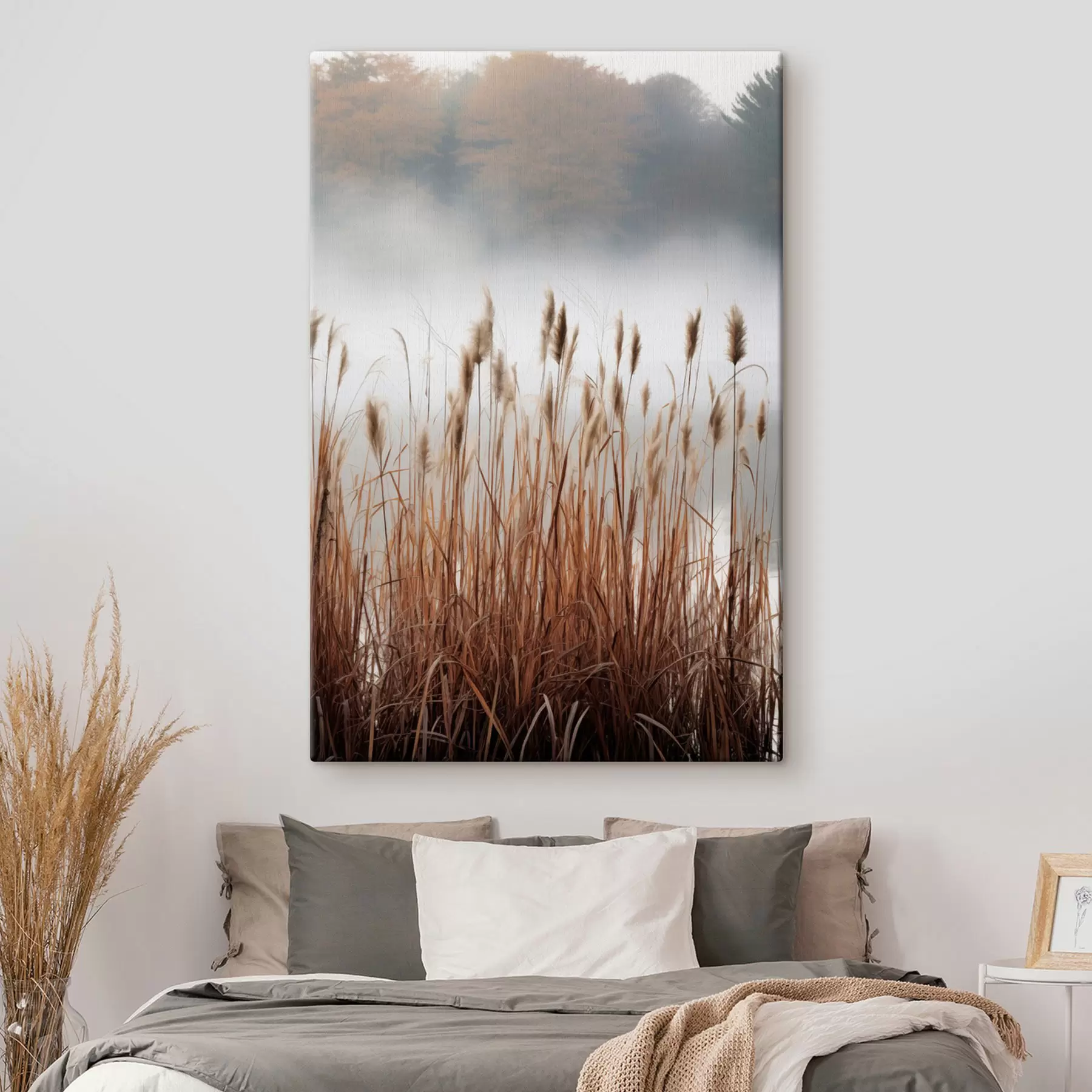 wall murals Tall reeds growing in a body of water, the water reflects the reeds, foggy background, soft light, nature scene s46696