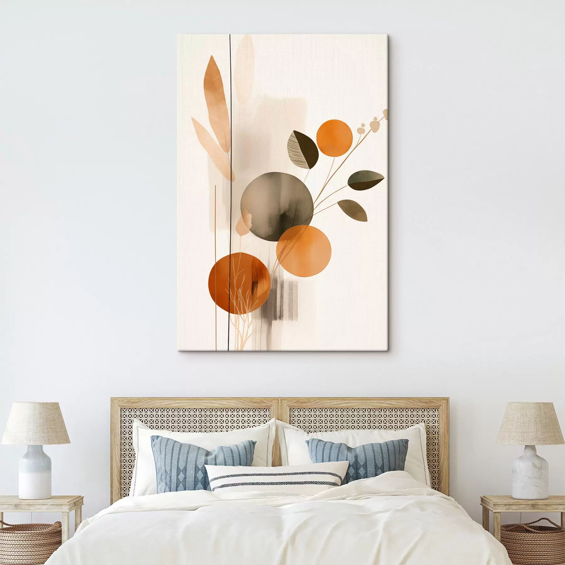 murales Imitación de pintura abstracta con círculos naranjas y grises, hojas y ramas, estilo moderno, efecto acuarela s46697