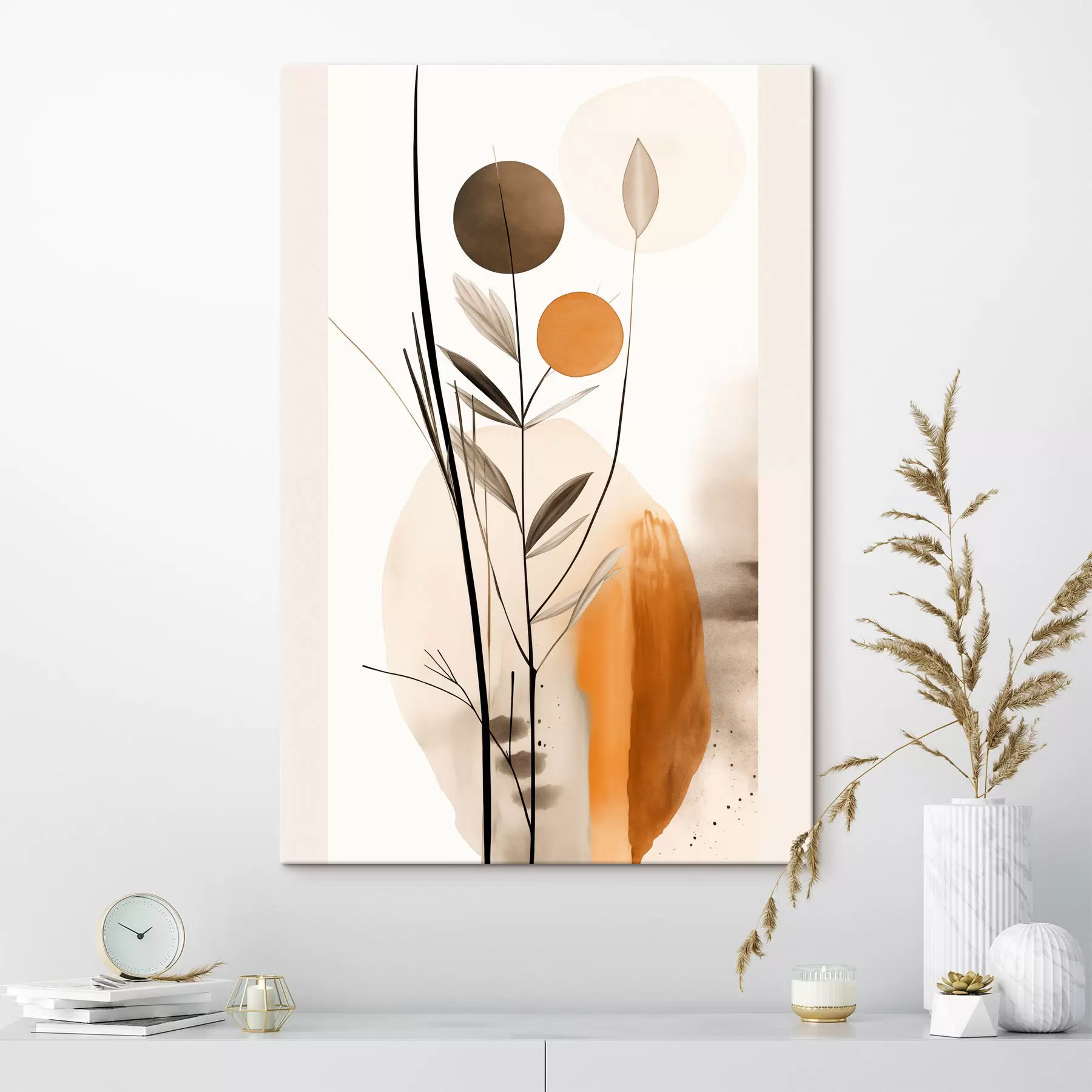 murales Imitación de pintura abstracta con círculos naranjas y grises, hojas y ramas, estilo moderno, efecto acuarela s46698