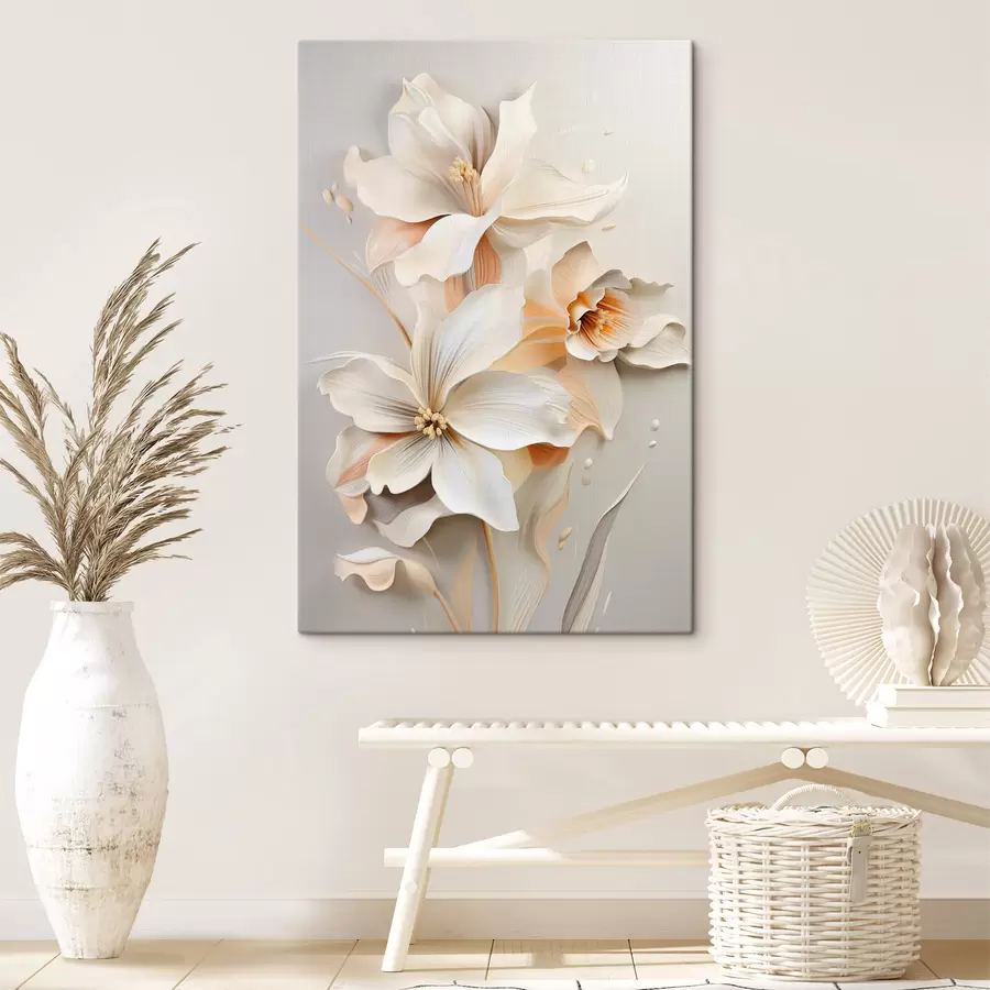 murales Flores blancas, pétalos con sombras suaves, fondo beige claro, composición elegante, estilo minimalista s46699