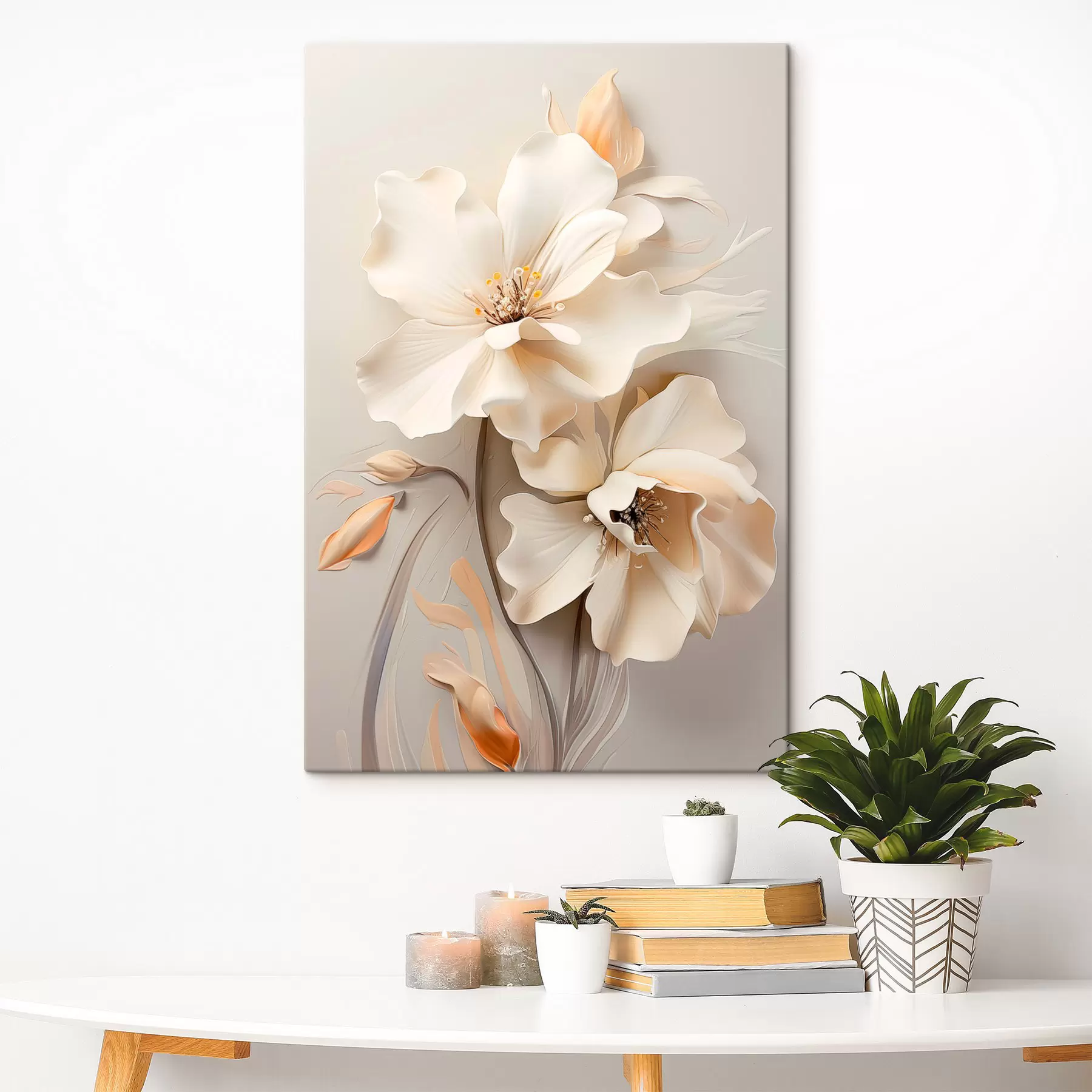 murales Flores blancas, pétalos con sombras suaves, fondo beige claro, composición elegante, estilo minimalista s46700