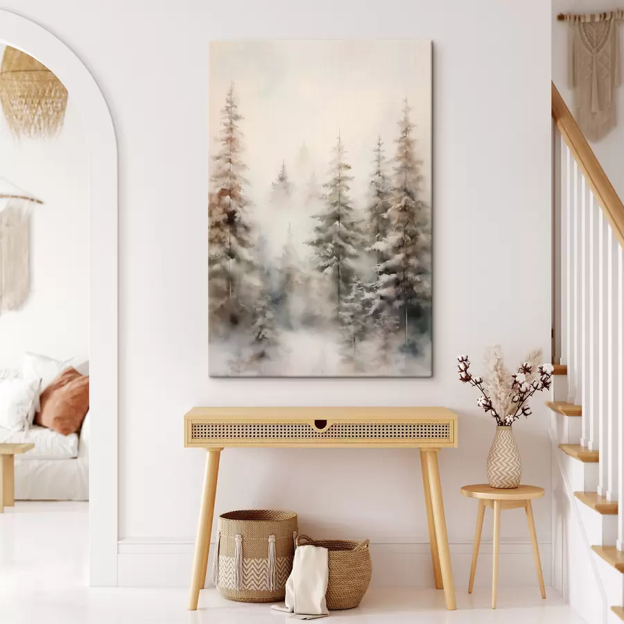 murales Altos pinos cubiertos de nieve, erguidos en un bosque brumoso, una escena invernal suave y apagada s46701