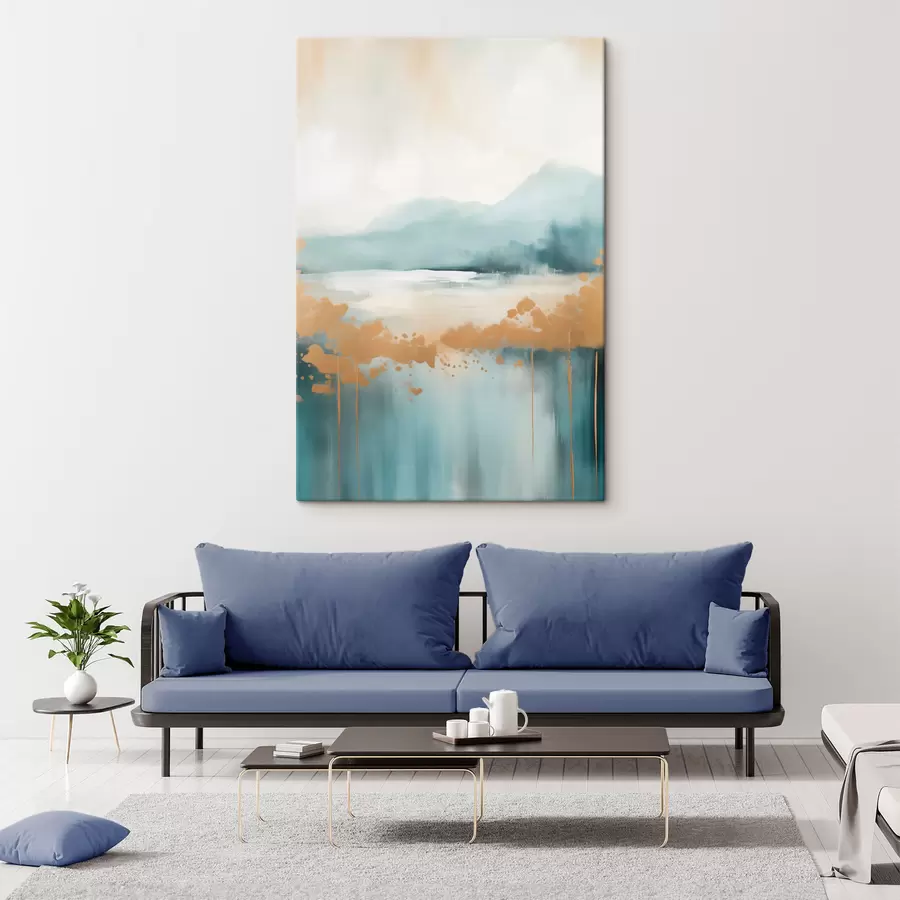 murales Paisaje abstracto con montañas y lago en verde azulado y amarillo texturizado, pinceladas suaves, obra de arte minimalista s46703