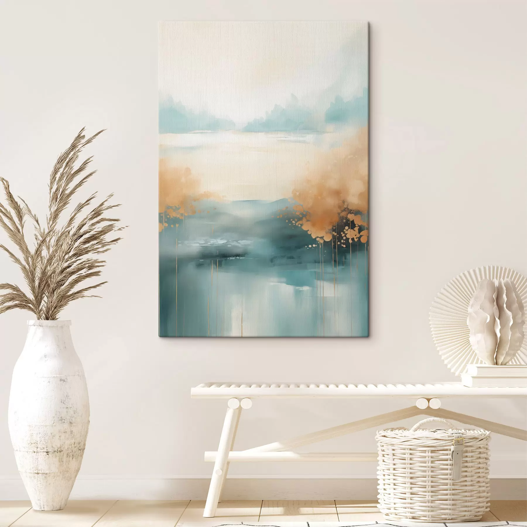 wall murals Abstract landscape with mountains and lake in teal and textured yellow, soft brushstrokes, minimalist artwork s46704