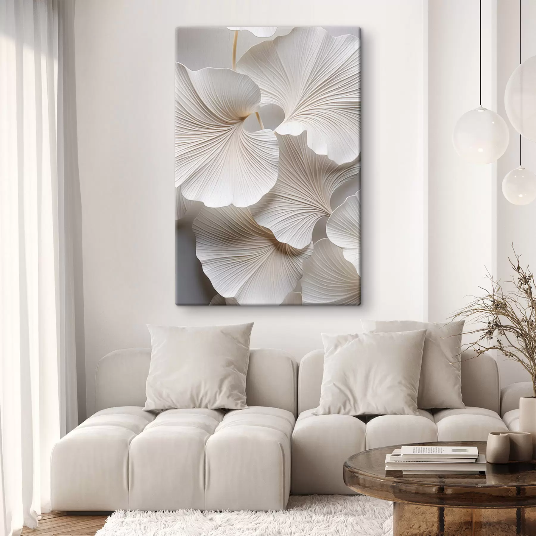 murales Hojas blancas de ginkgo biloba con nervaduras detalladas, iluminación suave, diseño elegante y minimalista con textura s46705
