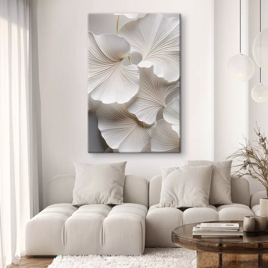 wall murals White ginkgo biloba leaves with detailed veins, soft lighting, textured elegant and minimalist design s46705