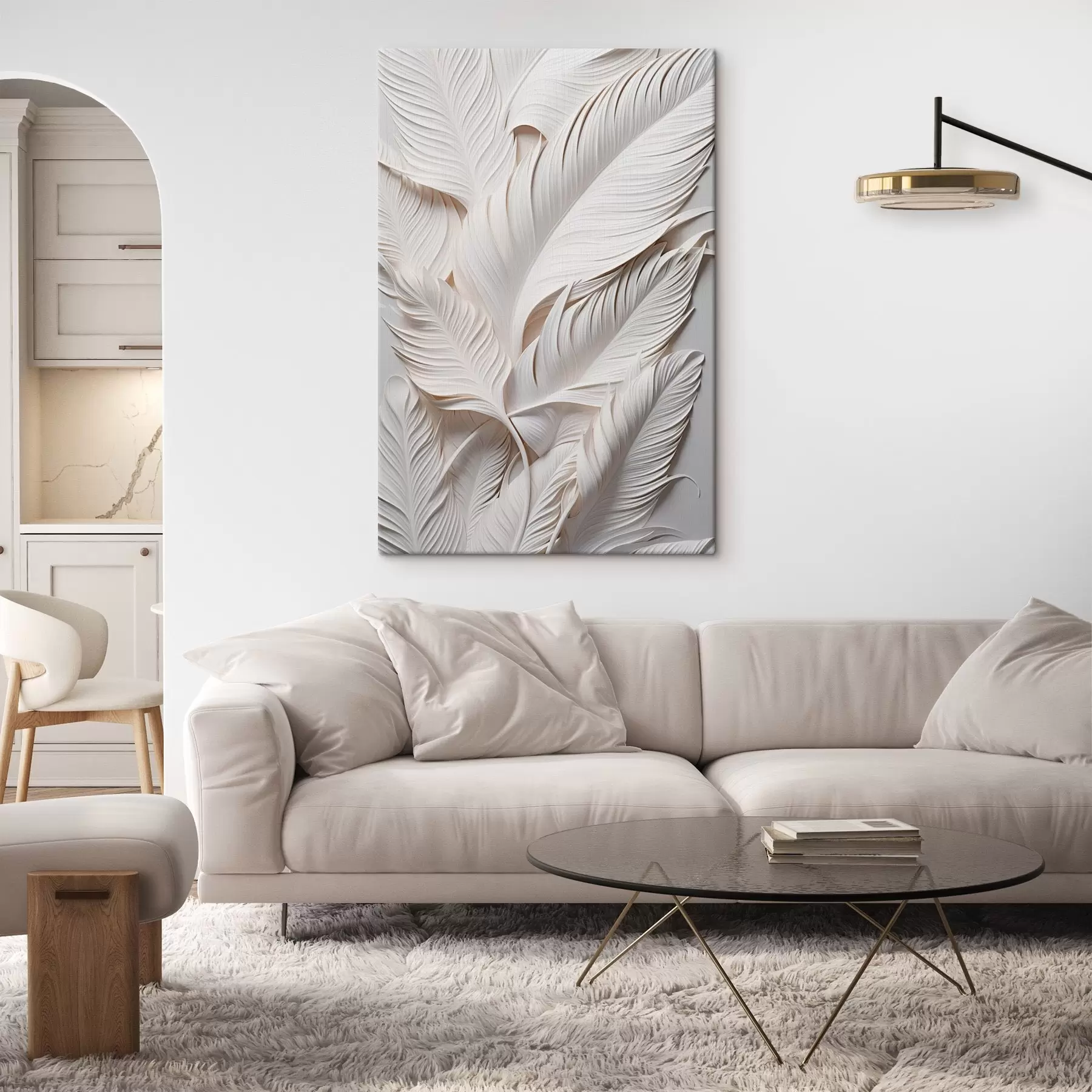wall murals White leaves with intricate details, creating a textured and layered effect, minimalist art s46706
