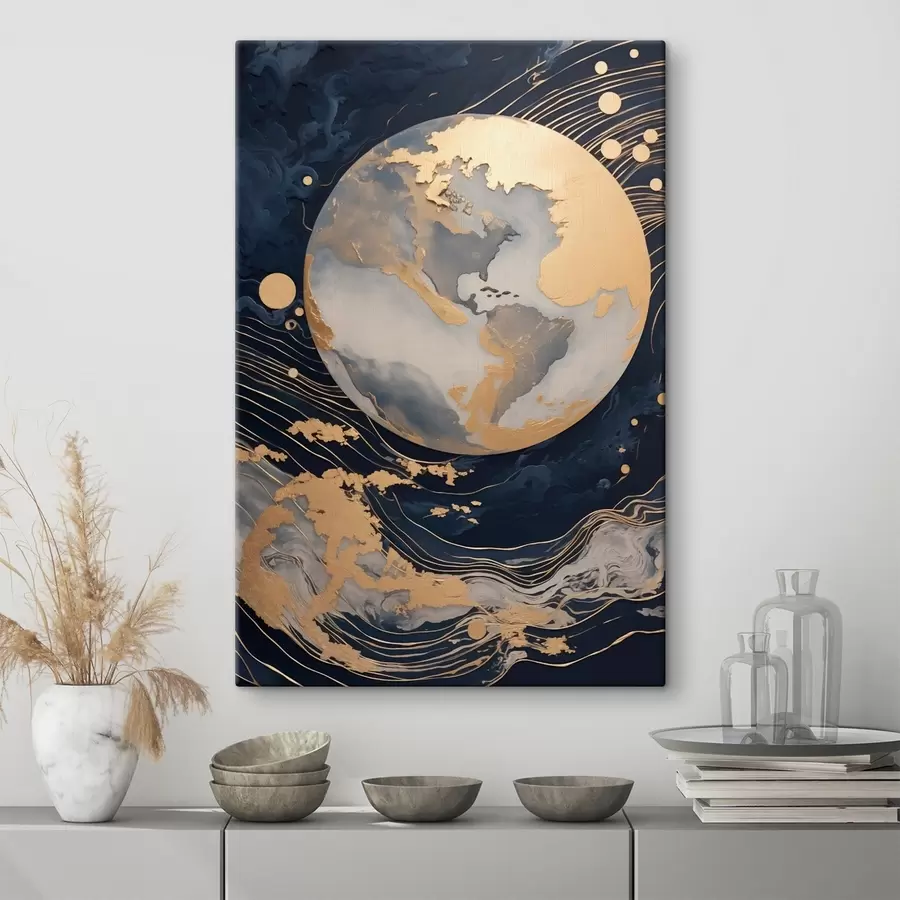 murales Planeta decorativo con textura, líneas amarillas en el fondo, puntos amarillos en el fondo, fondo oscuro s46708