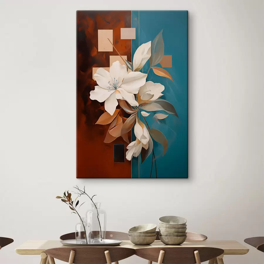 murales Flores y hojas blancas abstractas con un fondo marrón y azul con formas abstractas, en un estilo minimalista s46709