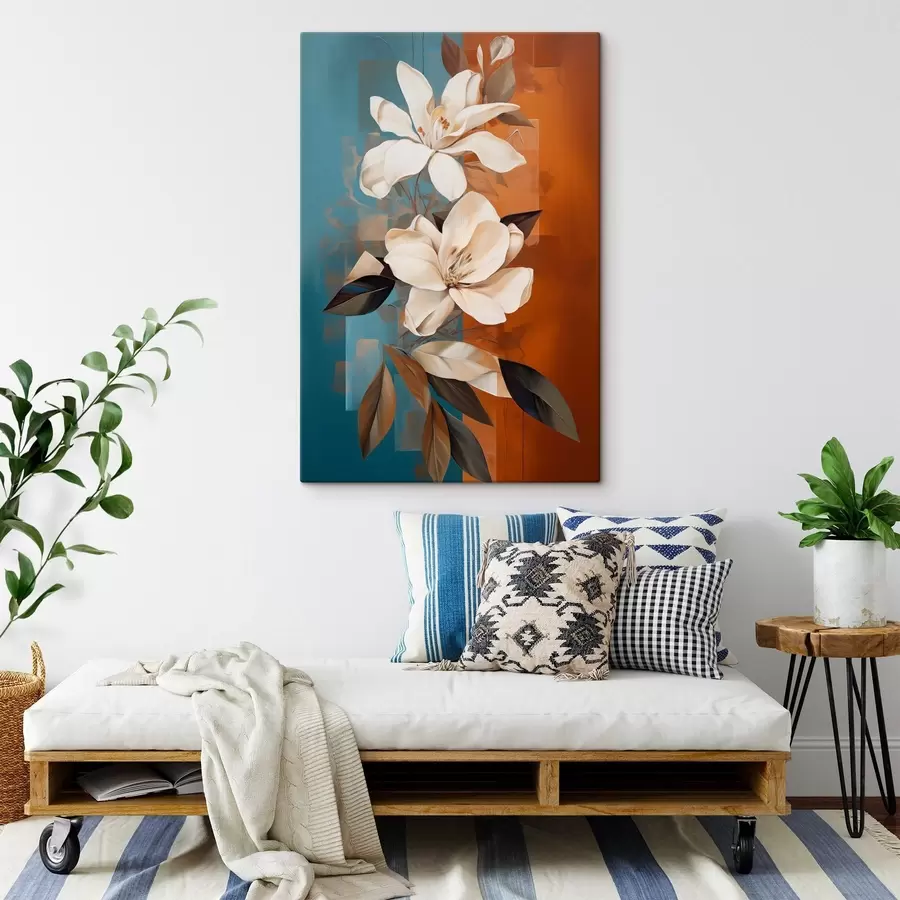 murales Flores y hojas blancas abstractas con un fondo marrón y azul con formas abstractas, en un estilo minimalista s46710