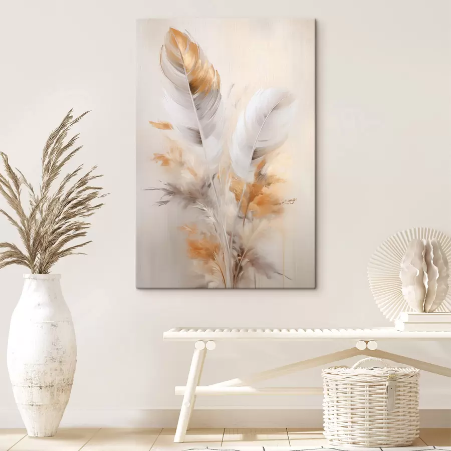 murales Plumas abstractas, rodeadas de plumas beige y marrones, suaves y delicadas, sobre un fondo beige claro s46711