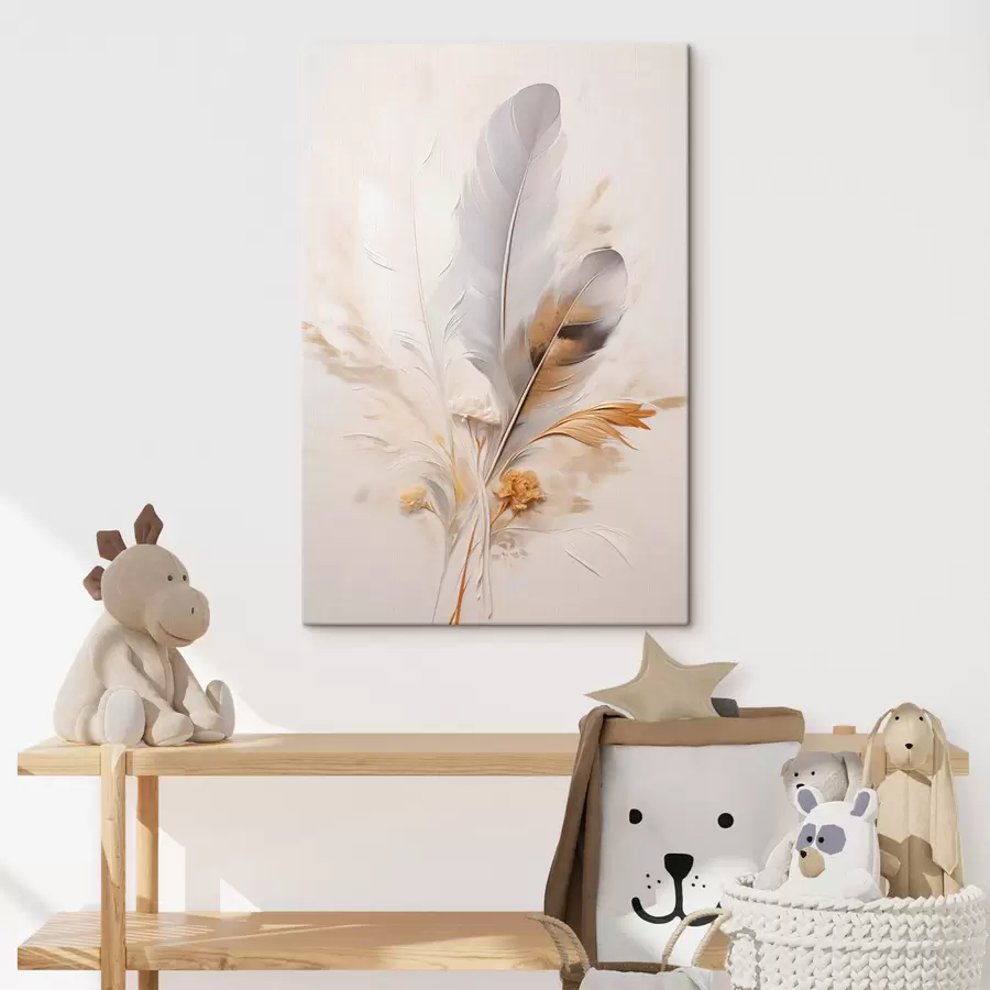 murales Plumas abstractas, rodeadas de plumas beige y marrones, suaves y delicadas, sobre un fondo beige claro s46712