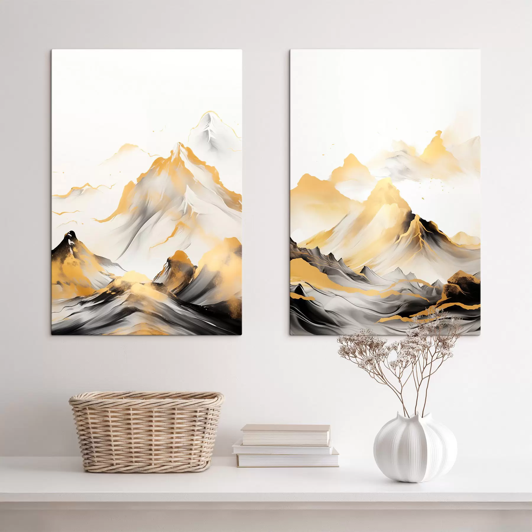 wall murals Textured yellow and black mountains with snowy peaks, ink wash painting style, minimalist mountain range m01002