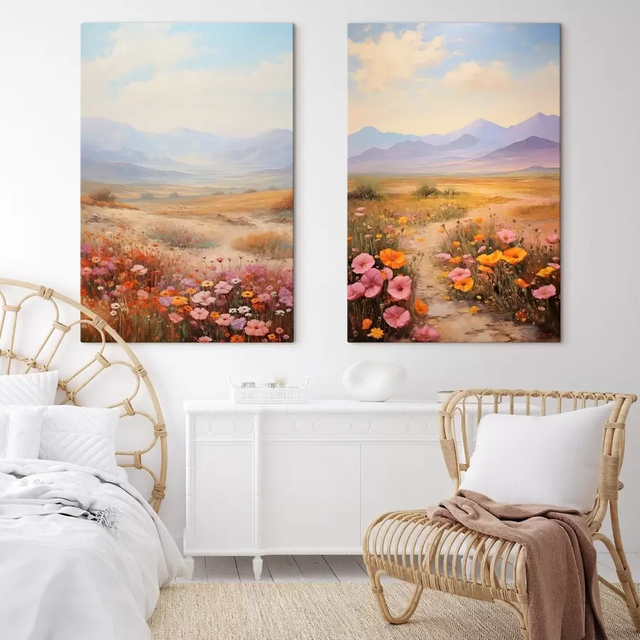 murales Paisaje, un campo de flores coloridas con montañas al fondo, colores suaves y pastel m01003