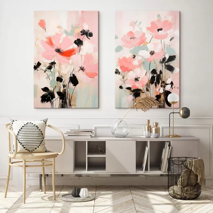 wall murals Pink and black flowers with leaves, soft pastel colors, abstract floral arrangement, minimalist art m01004