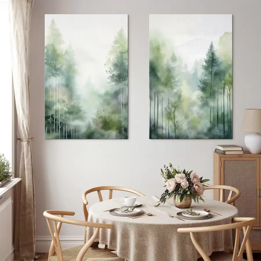 wall murals Watercolor painting imitation of abstract forest with tall trees and green foliage, soft muted colors m01005