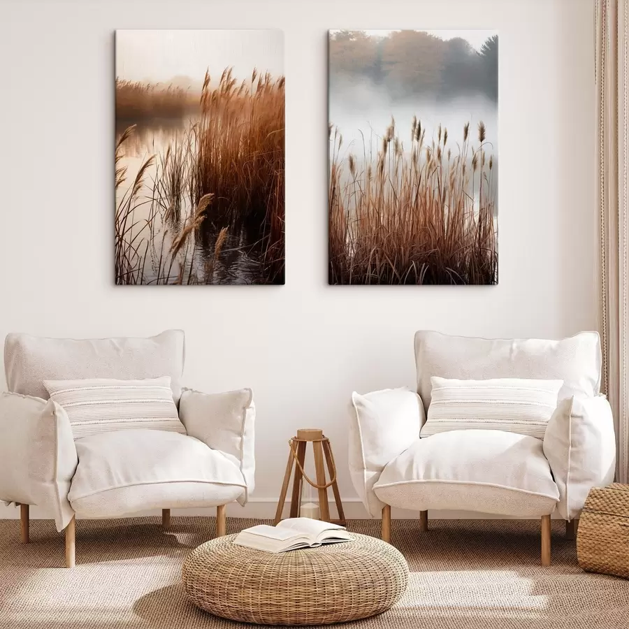 murales Juncos altos que crecen en un cuerpo de agua, el agua refleja los juncos, fondo brumoso, luz suave, escena natural m01008