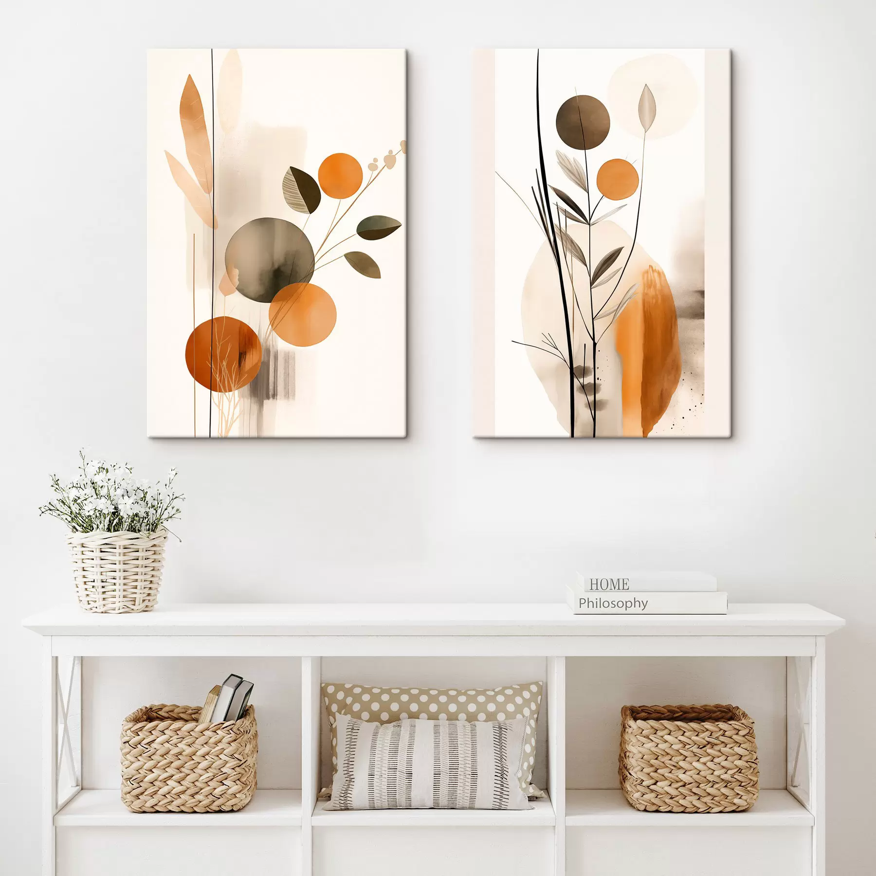 wall murals Abstract painting imitation with orange and gray circles, leaves and branches, modern style, watercolor effect m01009