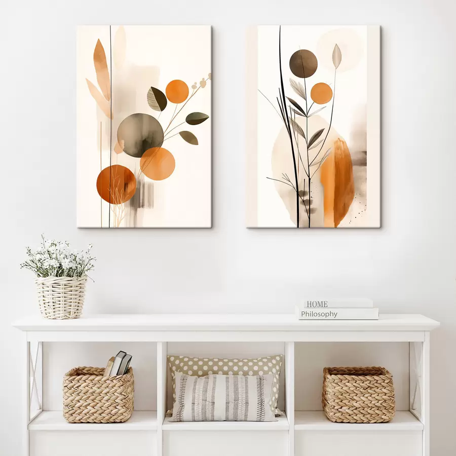 wall murals Abstract painting imitation with orange and gray circles, leaves and branches, modern style, watercolor effect m01009