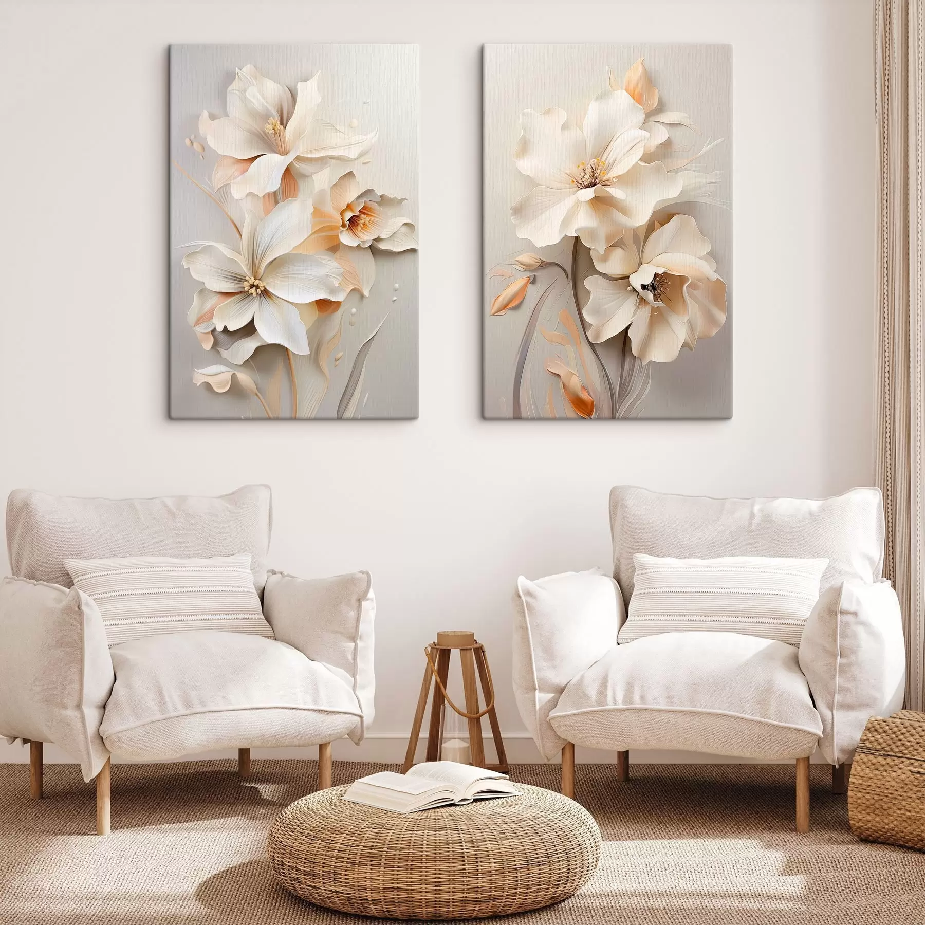 murales Flores blancas, pétalos con sombras suaves, fondo beige claro, composición elegante, estilo minimalista m01010