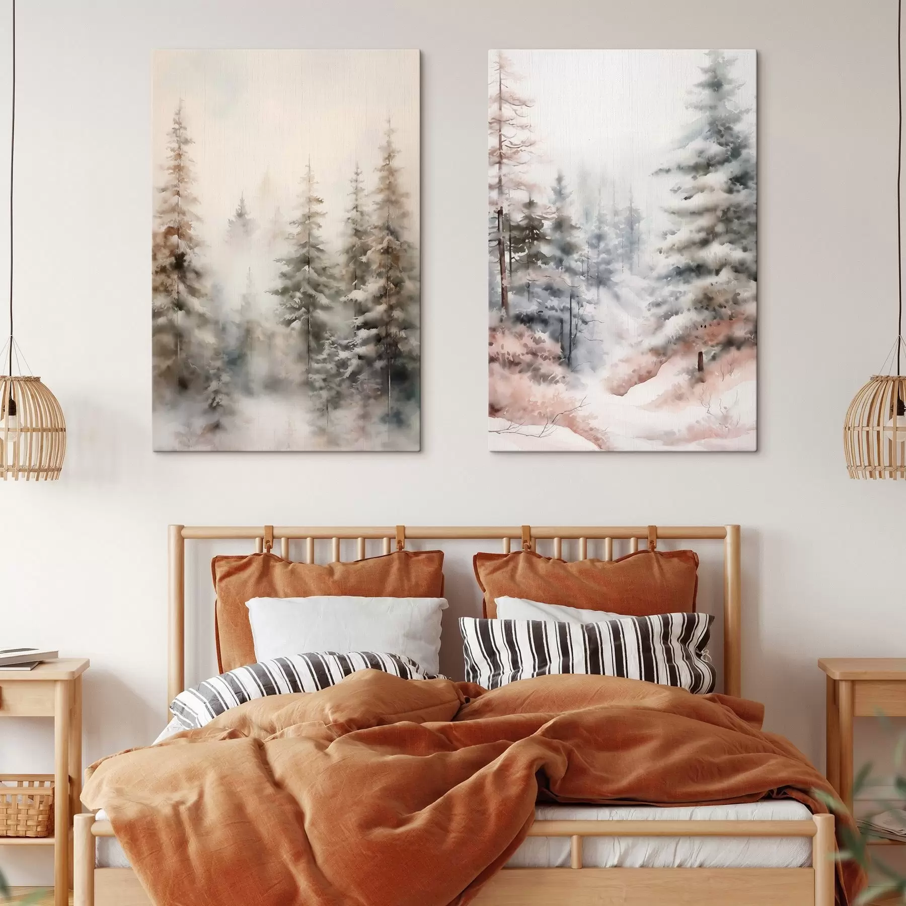 wall murals Tall pine trees covered in snow, standing in a foggy forest, a soft, muted wintery scene m01011
