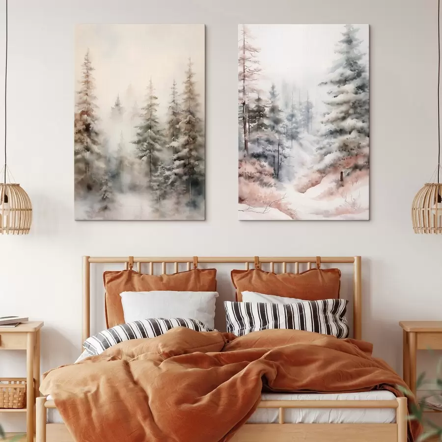 wall murals Tall pine trees covered in snow, standing in a foggy forest, a soft, muted wintery scene m01011