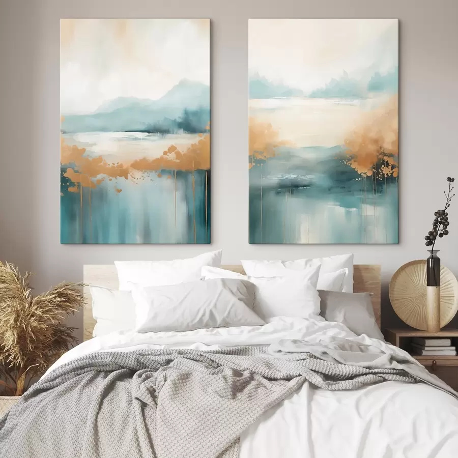 murales Paisaje abstracto con montañas y lago en verde azulado y amarillo texturizado, pinceladas suaves, obra de arte minimalista m01012