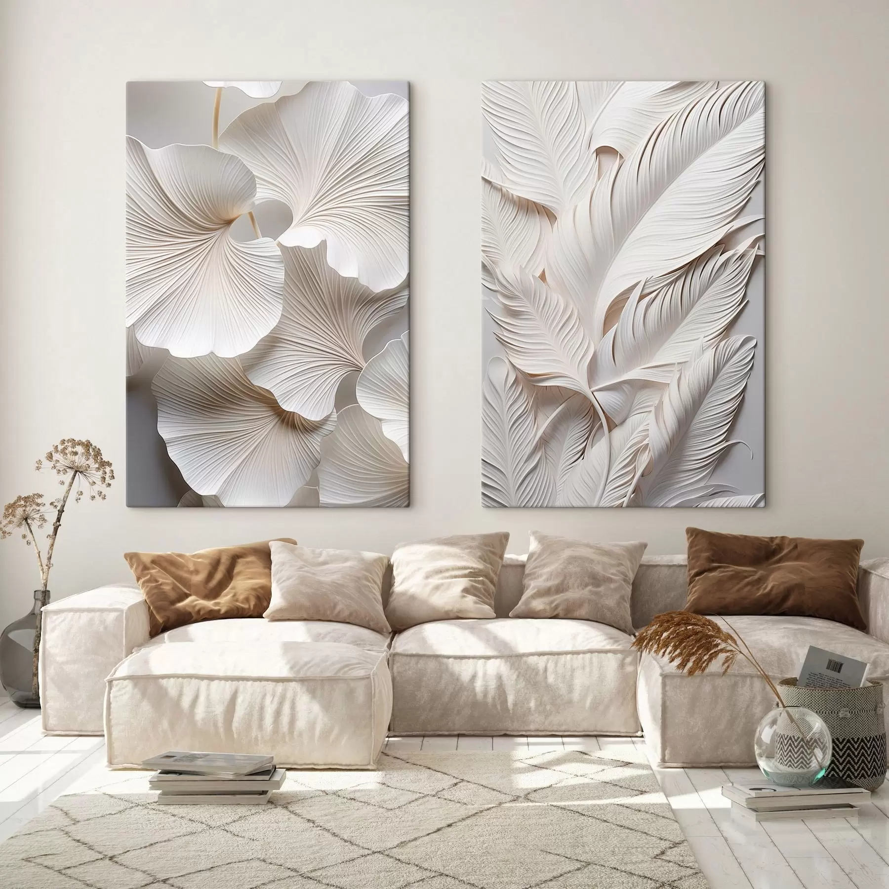 wall murals White ginkgo leaves and long leaves with intricate details, creating a textured and layered effect, minimalist art m01013