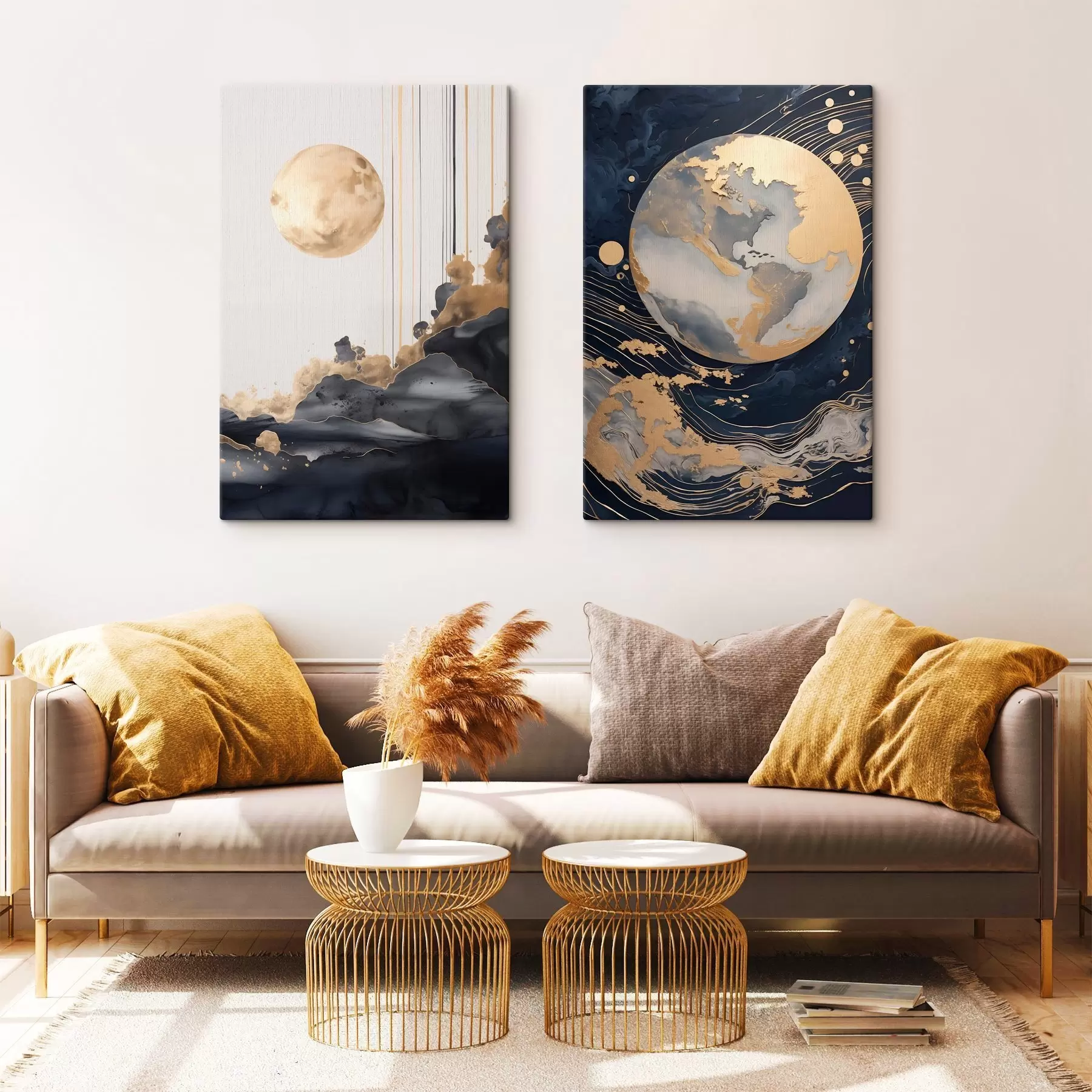 murales Planeta decorativo texturizado en el espacio con líneas y puntos amarillos, estilo abstracto, minimalista y moderno m01014