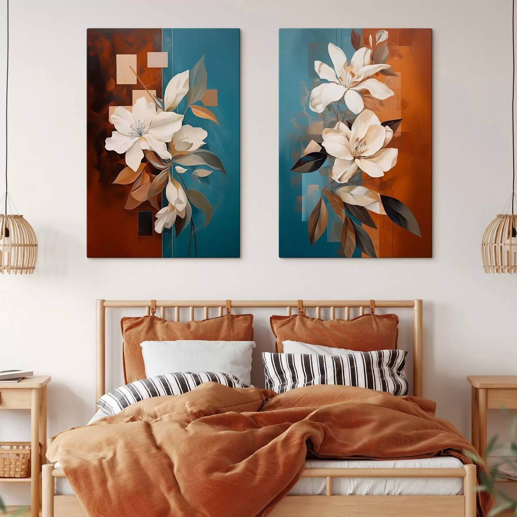 wall murals Abstract white flowers and leaves with a background of brown and blue with abstract shapes, in a minimalist style m01015