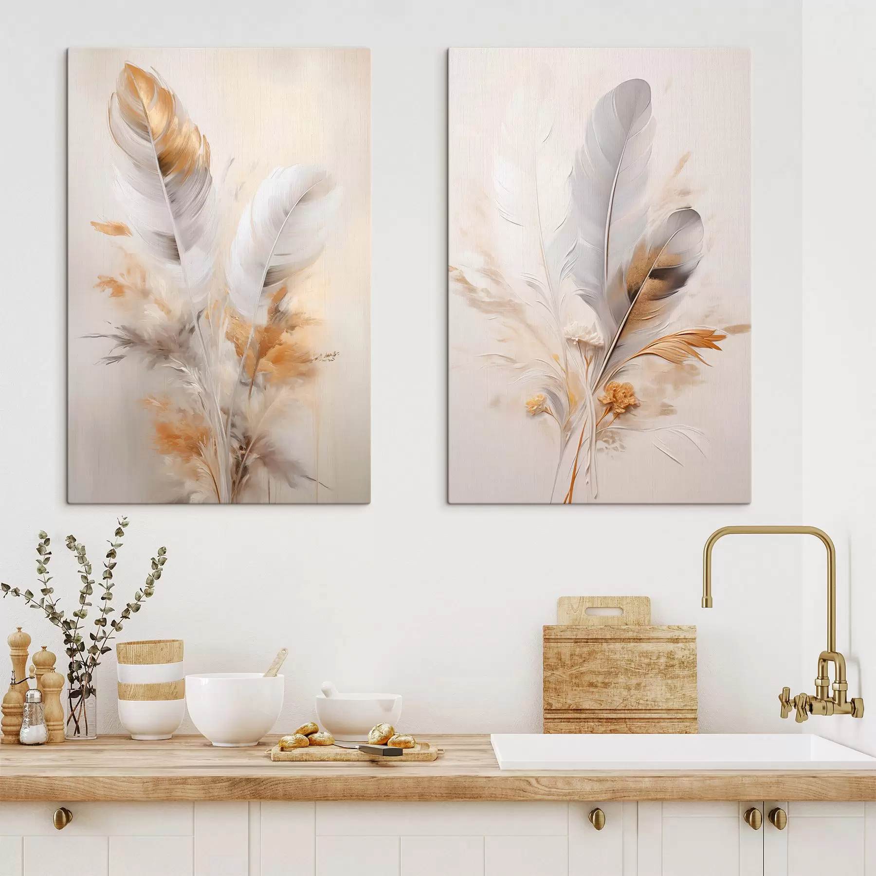 murales Plumas abstractas, rodeadas de plumas beige y marrones, suaves y delicadas, sobre un fondo beige claro m01016