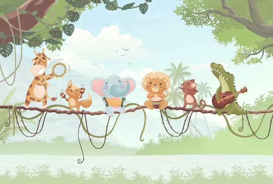 Wall Mural Photo Wallpaper Animals with musical instruments against a tropical landscape w04505