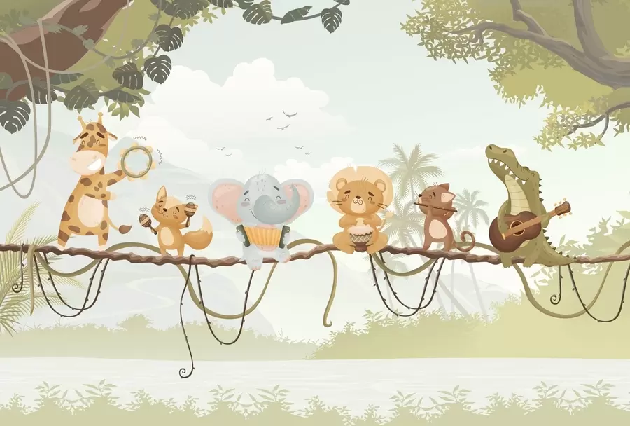 wall murals Animals with musical instruments against a tropical landscape w04505v1