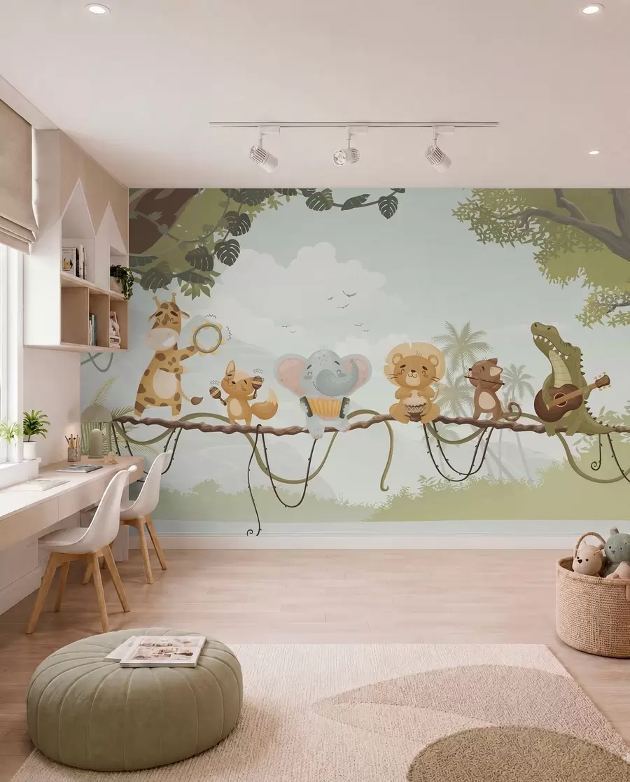 wall murals Animals with musical instruments against a tropical landscape w04505v1