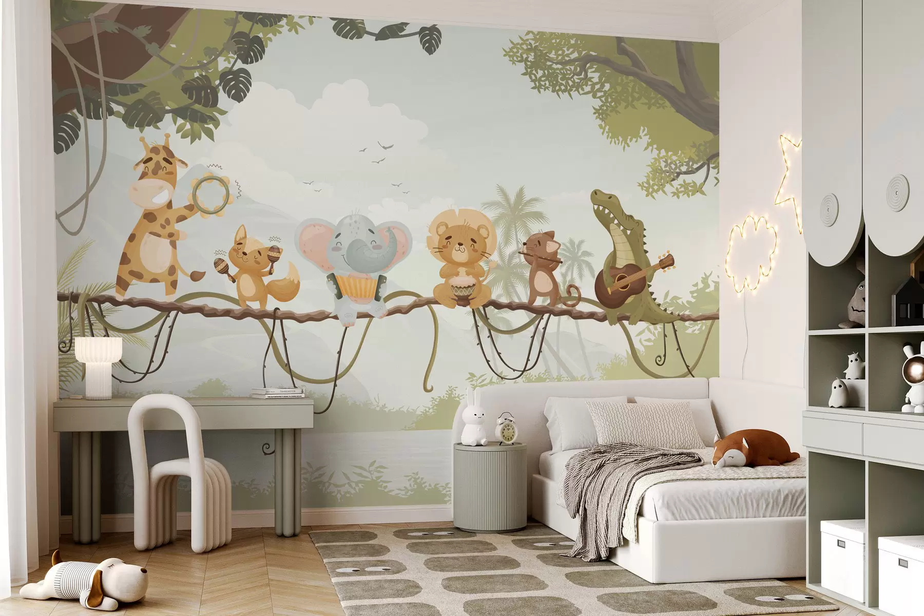 wall murals Animals with musical instruments against a tropical landscape w04505v1