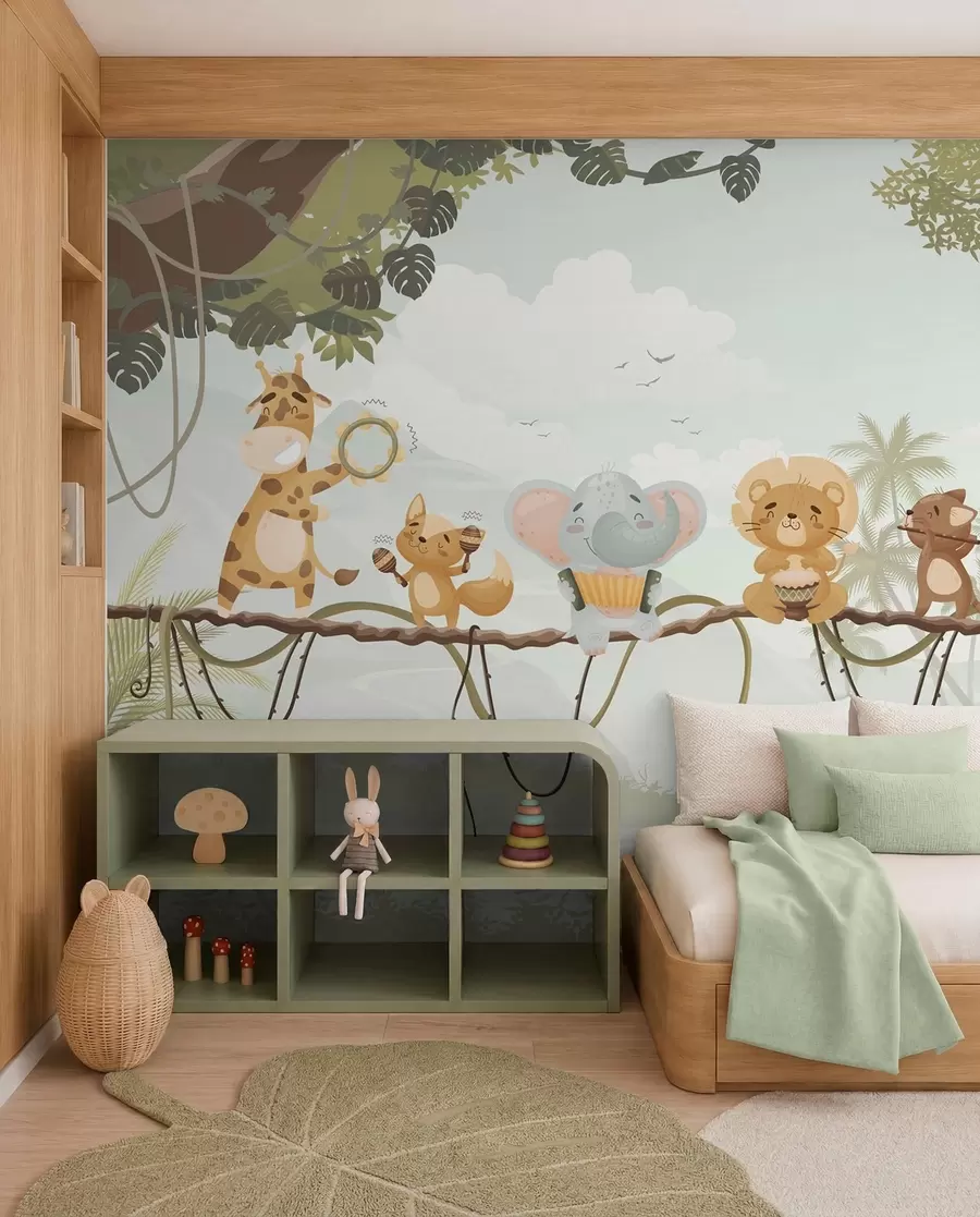 peintures murales Animaux avec des instruments de musique dans un paysage tropical w04505v1