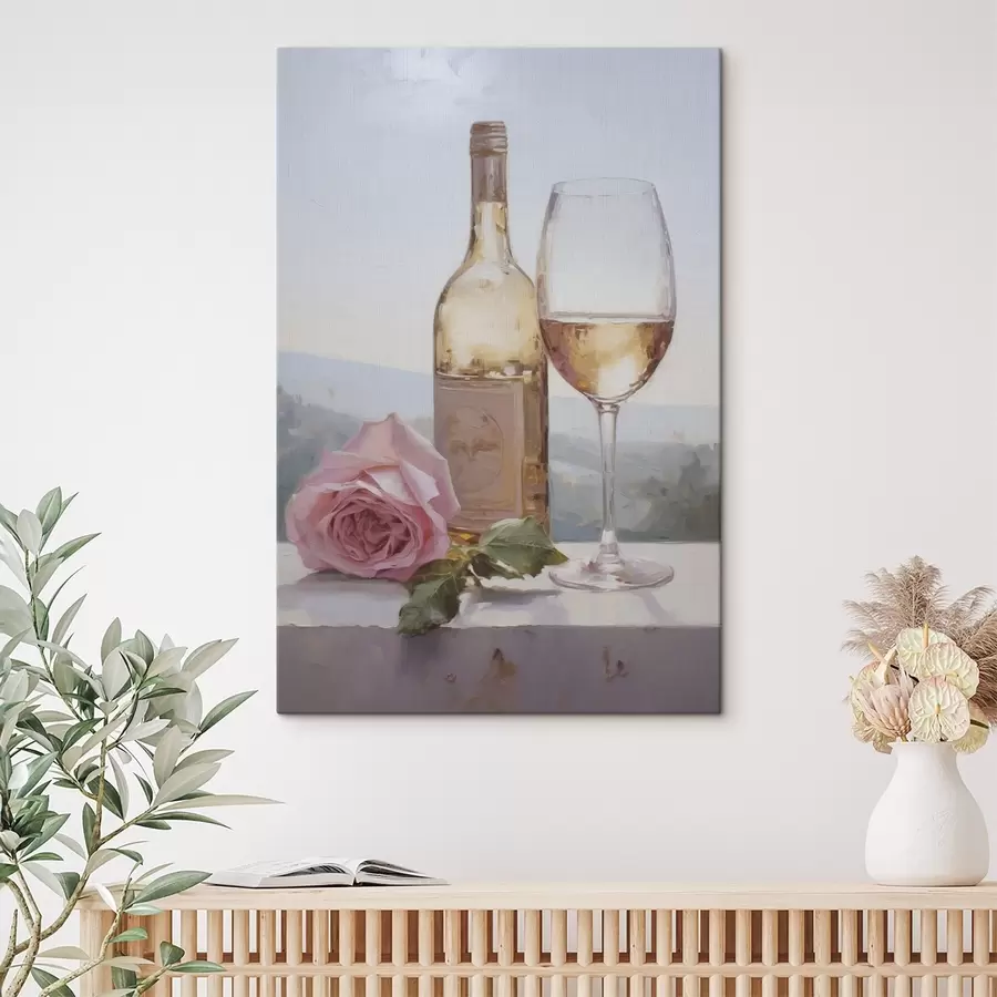 wall murals A bottle and a glass of wine and a small dog wearing glasses, imitation painting s46721