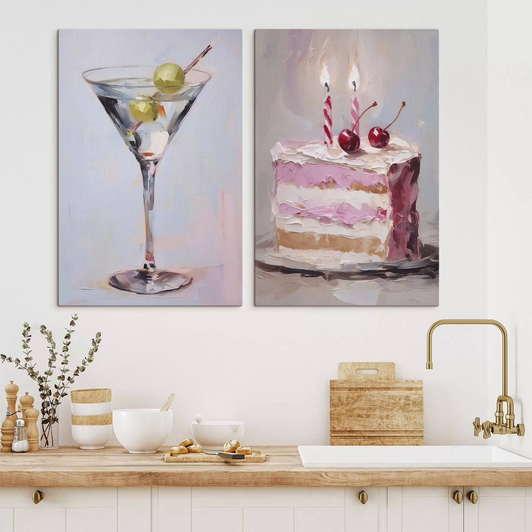 murales Un vaso con una bebida y un trozo de tarta, pintura de imitación m01019
