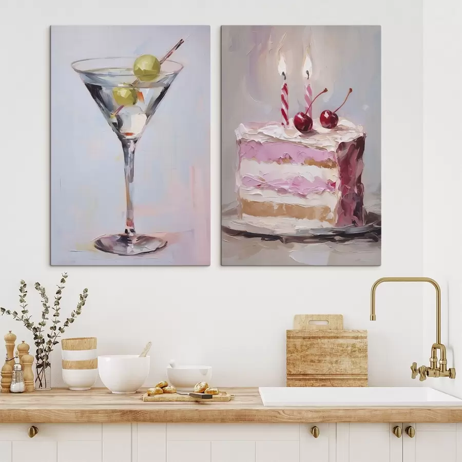 murales Un vaso con una bebida y un trozo de tarta, pintura de imitación m01019