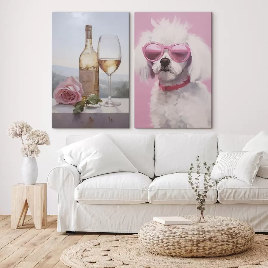 murales Una botella y una copa de vino y un caniche con gafas, pintura de imitación m01021