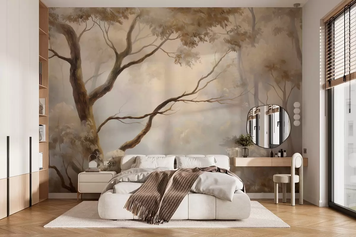 murales El bosque envuelto en la ligera niebla matinal. Una delicada pintura atmosférica al estilo de un paisaje artístico. w04817