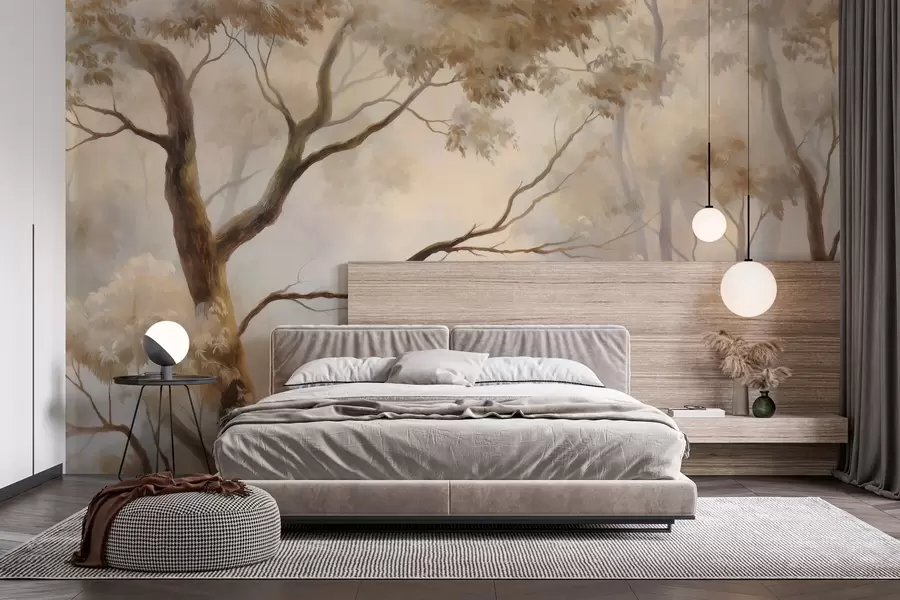 Wall Mural Photo Wallpaper The forest in the light morning mist. A delicate atmospheric painting in the style of an artistic landscape w04817