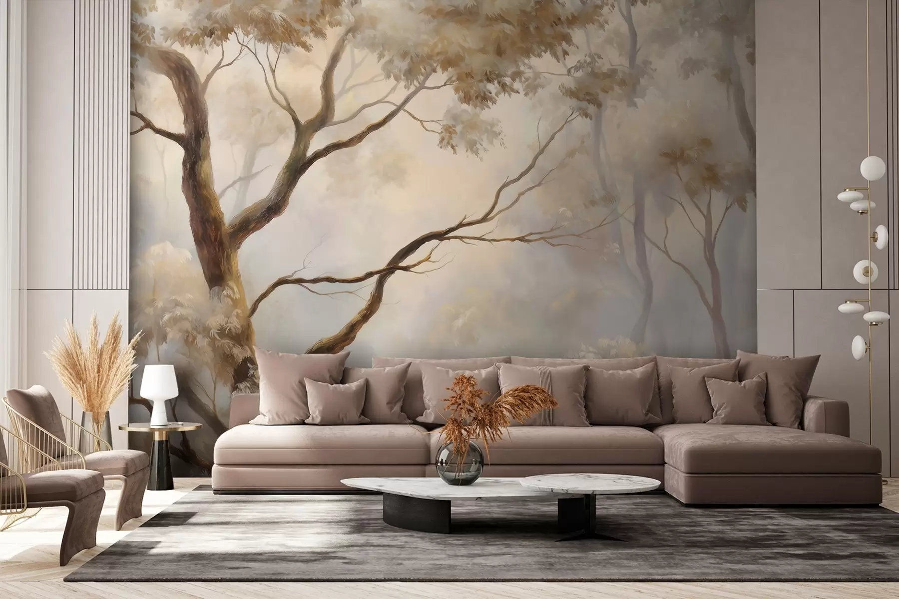 wall murals The forest in the light morning mist. A delicate atmospheric painting in the style of an artistic landscape w04817