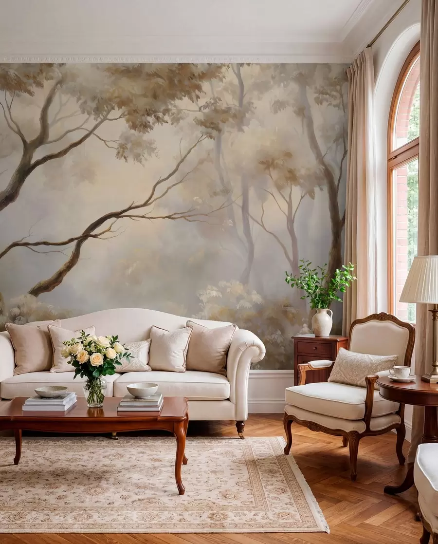 Wall Mural Photo Wallpaper The forest in the light morning mist. A delicate atmospheric painting in the style of an artistic landscape w04817